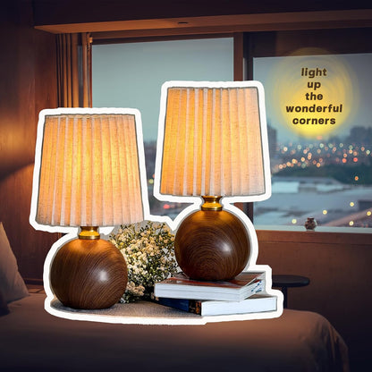 Small Pleated Table Lamp for Bedroom, Bedside Lamps for Nightstand, Dimmable Desk Lamp Ceramic Wood Grain Base Round Flaxen Fabric Shade for Living Room, Kids Room, LED Bulb Included (Modern)