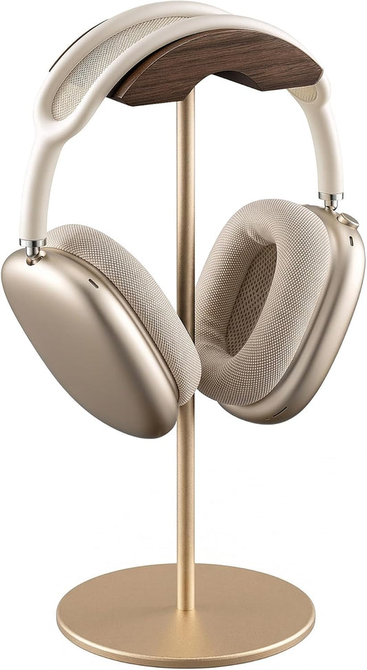 Headphone Stand, Walnut Wood & Aluminum Headset Stand, Nature Walnut Gaming Headset Holder with Solid Heavy Base for All Headphone Sizes (Gold)