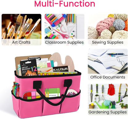Desktop Tote and Organizer, Teacher Helper Caddy Bag for Arts, Books, Stationery, Office Desk Organization, Make-up Storage with Handles for Travel, Pink