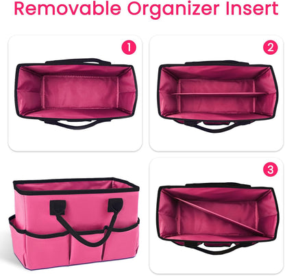 Desktop Tote and Organizer, Teacher Helper Caddy Bag for Arts, Books, Stationery, Office Desk Organization, Make-up Storage with Handles for Travel, Pink