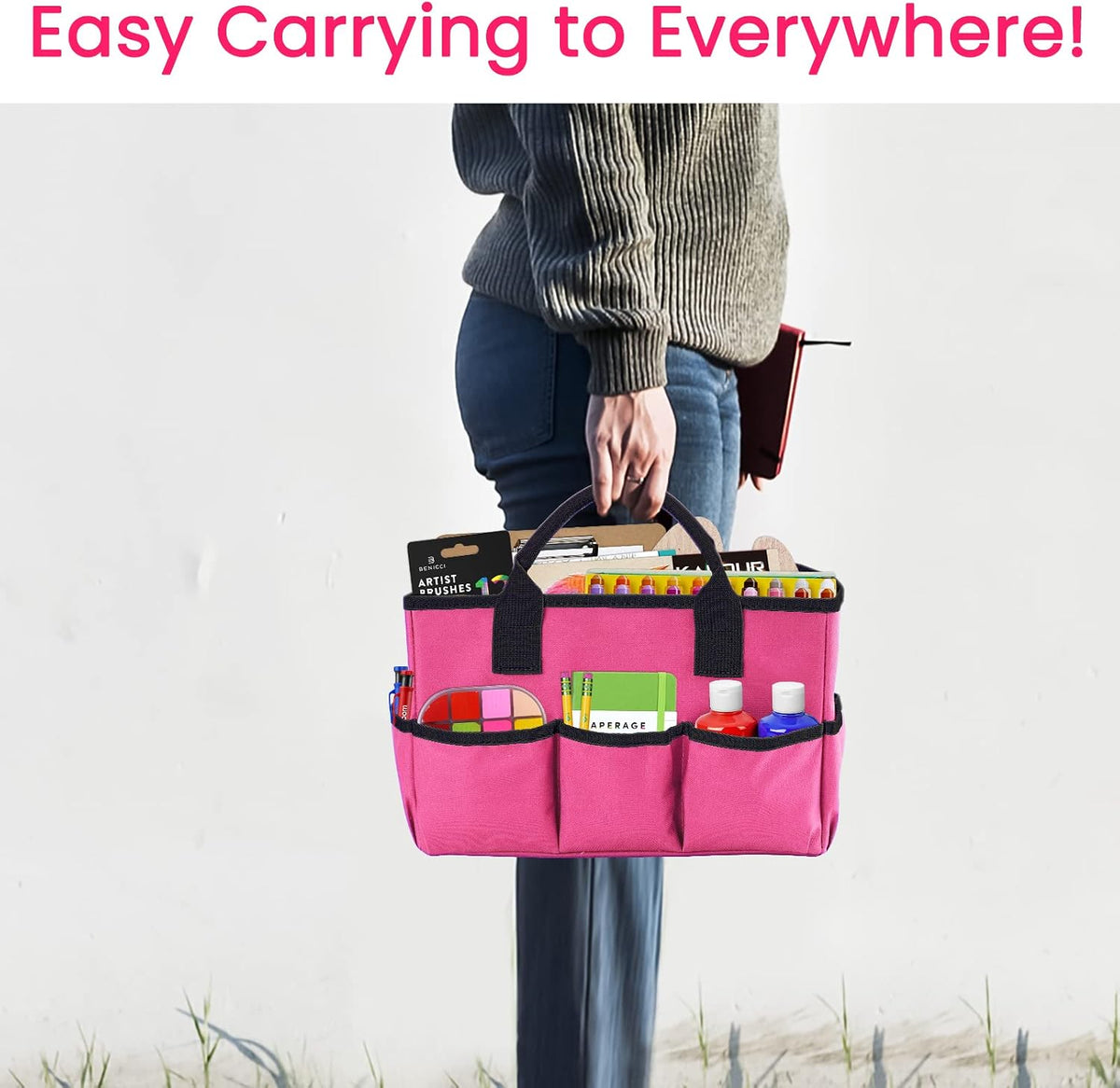 Desktop Tote and Organizer, Teacher Helper Caddy Bag for Arts, Books, Stationery, Office Desk Organization, Make-up Storage with Handles for Travel, Pink