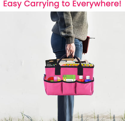 Desktop Tote and Organizer, Teacher Helper Caddy Bag for Arts, Books, Stationery, Office Desk Organization, Make-up Storage with Handles for Travel, Pink