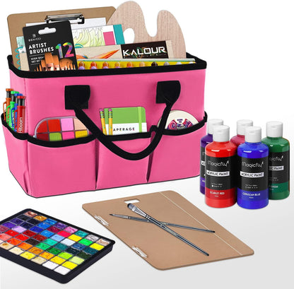 Desktop Tote and Organizer, Teacher Helper Caddy Bag for Arts, Books, Stationery, Office Desk Organization, Make-up Storage with Handles for Travel, Pink