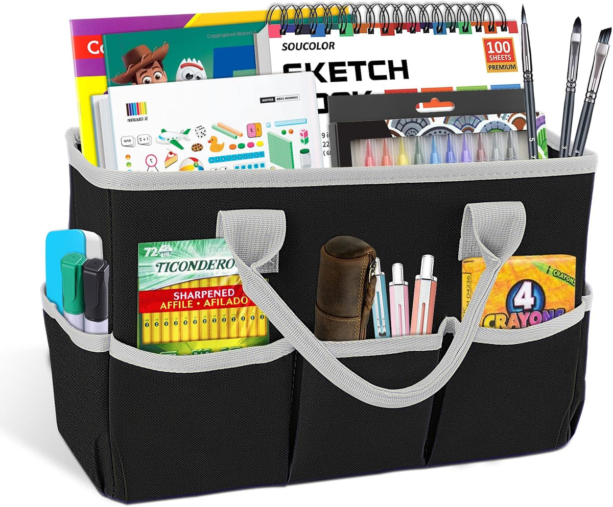 Desktop Tote and Organizer, Teacher Helper Caddy Bag for Arts, Books, Stationery, Office Desk Organization, Make-up Storage with Handles for Travel, Pink