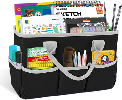 Desktop Tote and Organizer, Teacher Helper Caddy Bag for Arts, Books, Stationery, Office Desk Organization, Make-up Storage with Handles for Travel, Pink