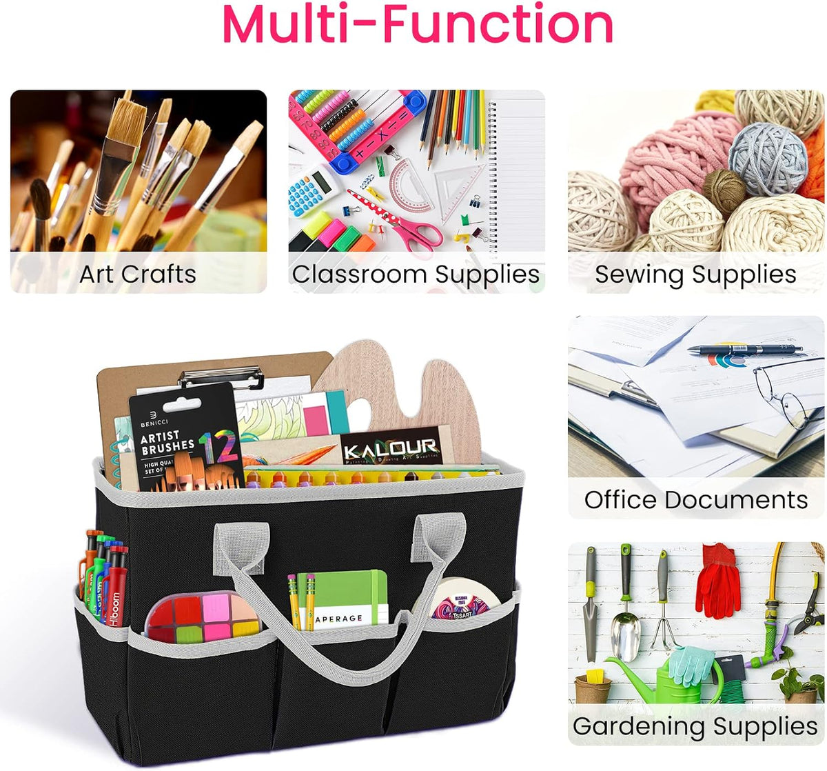 Desktop Tote and Organizer, Teacher Helper Caddy Bag for Arts, Books, Stationery, Office Desk Organization, Make-up Storage with Handles for Travel, Pink