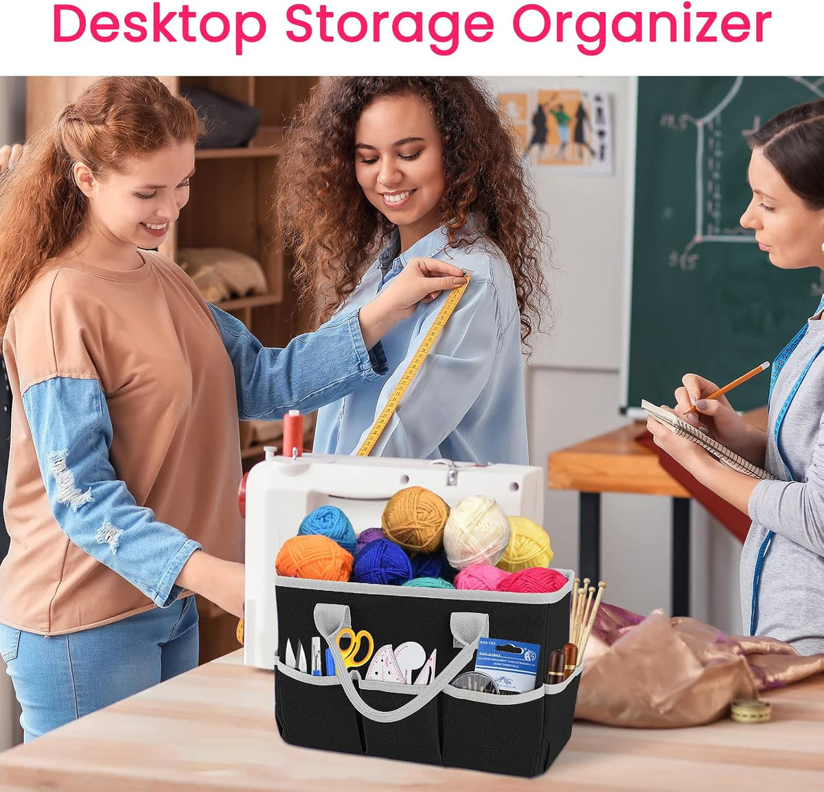 Desktop Tote and Organizer, Teacher Helper Caddy Bag for Arts, Books, Stationery, Office Desk Organization, Make-up Storage with Handles for Travel, Pink
