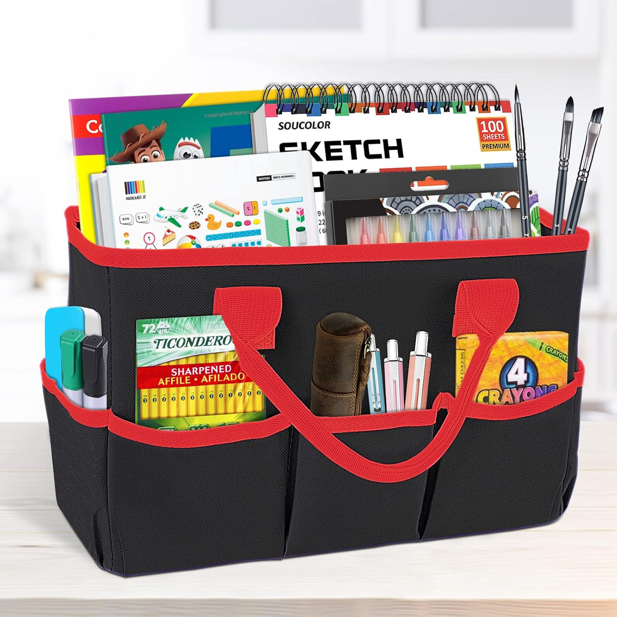 Desktop Tote and Organizer, Teacher Helper Caddy Bag for Arts, Books, Stationery, Office Desk Organization, Make-up Storage with Handles for Travel, Pink