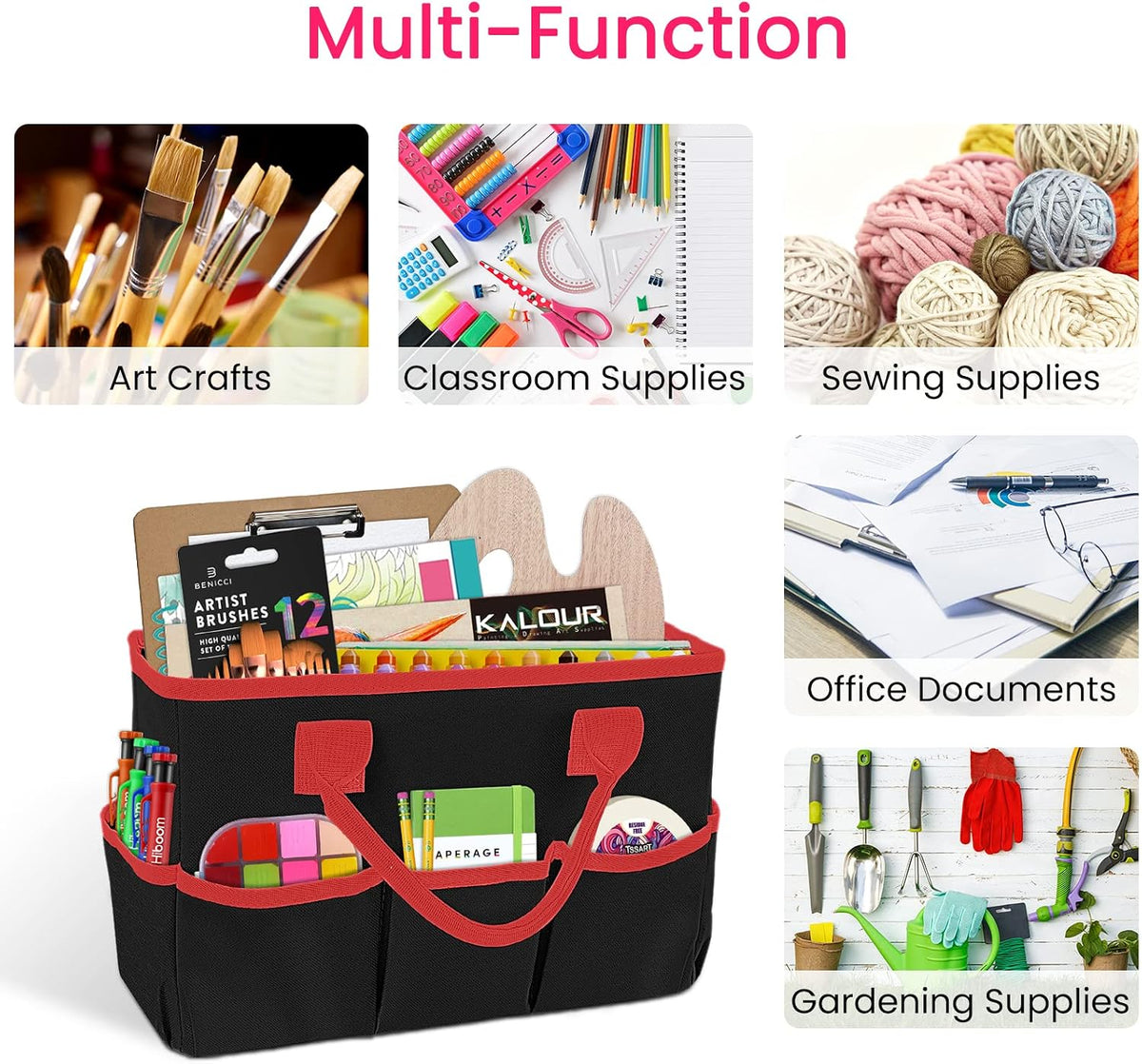Desktop Tote and Organizer, Teacher Helper Caddy Bag for Arts, Books, Stationery, Office Desk Organization, Make-up Storage with Handles for Travel, Pink