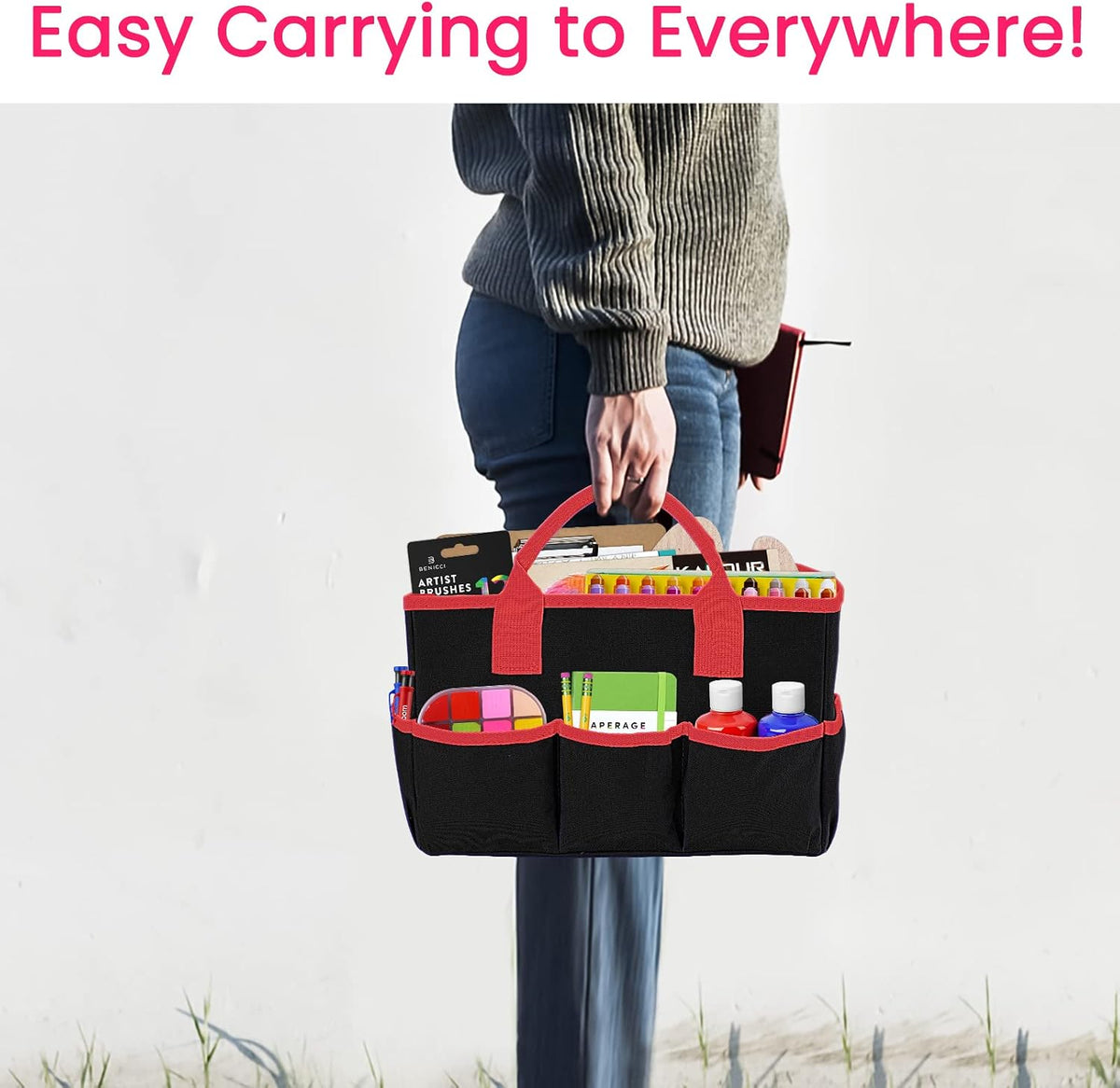 Desktop Tote and Organizer, Teacher Helper Caddy Bag for Arts, Books, Stationery, Office Desk Organization, Make-up Storage with Handles for Travel, Pink