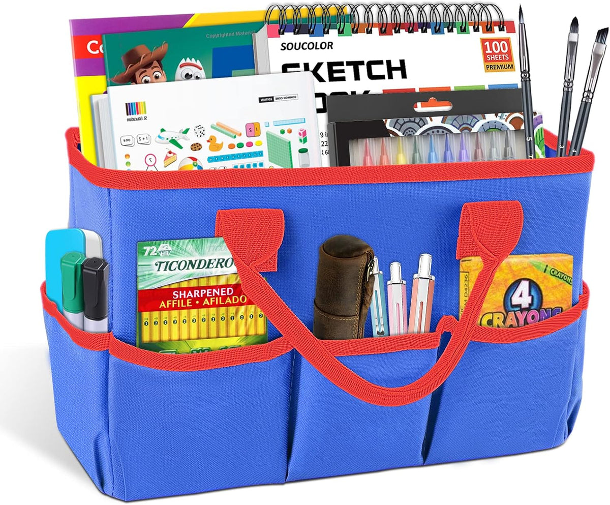 Desktop Tote and Organizer, Teacher Helper Caddy Bag for Arts, Books, Stationery, Office Desk Organization, Make-up Storage with Handles for Travel, Pink