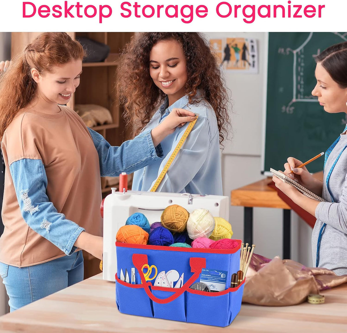 Desktop Tote and Organizer, Teacher Helper Caddy Bag for Arts, Books, Stationery, Office Desk Organization, Make-up Storage with Handles for Travel, Pink