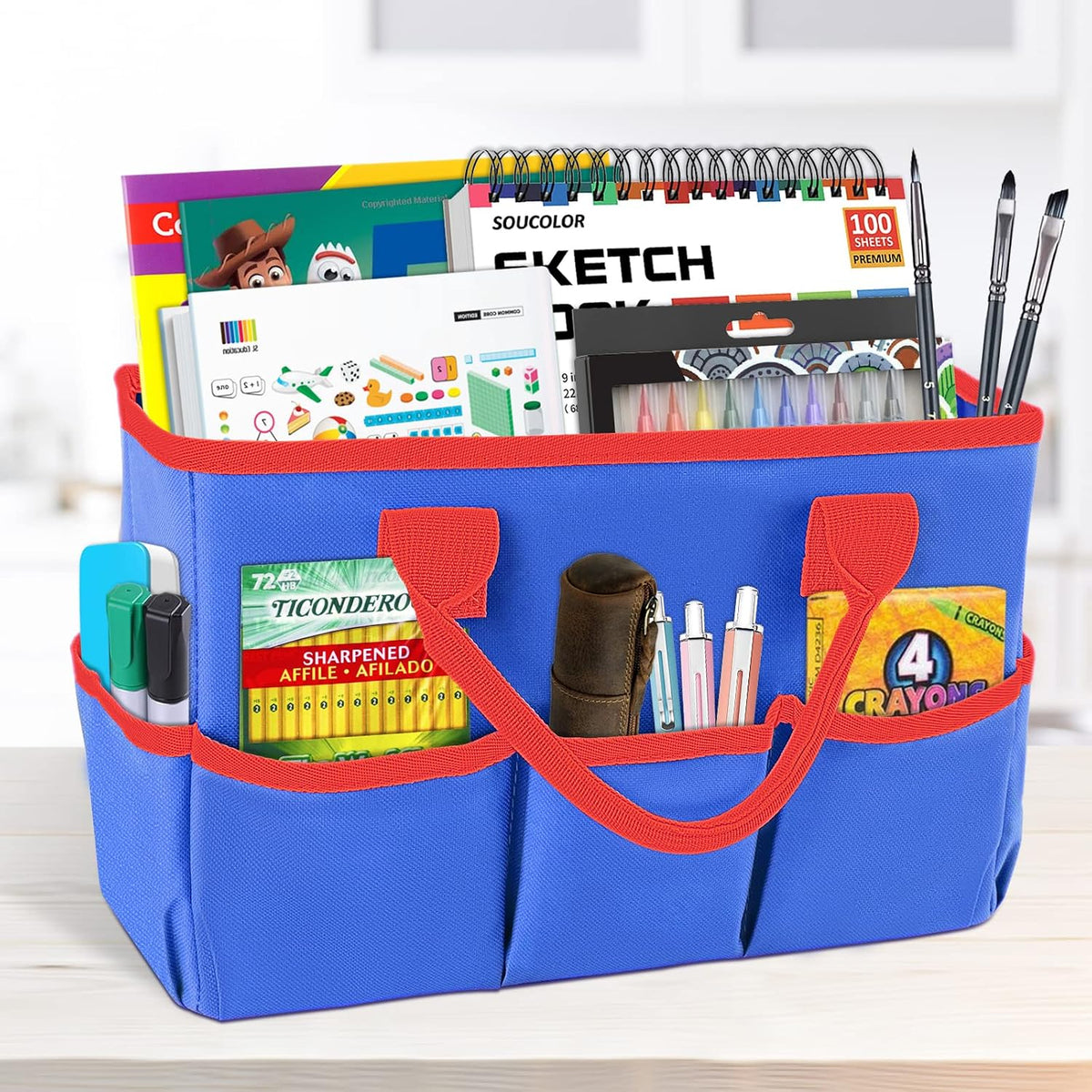 Desktop Tote and Organizer, Teacher Helper Caddy Bag for Arts, Books, Stationery, Office Desk Organization, Make-up Storage with Handles for Travel, Pink