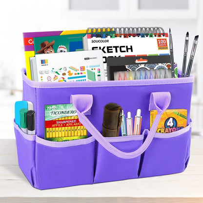 Desktop Tote and Organizer, Teacher Helper Caddy Bag for Arts, Books, Stationery, Office Desk Organization, Make-up Storage with Handles for Travel, Pink