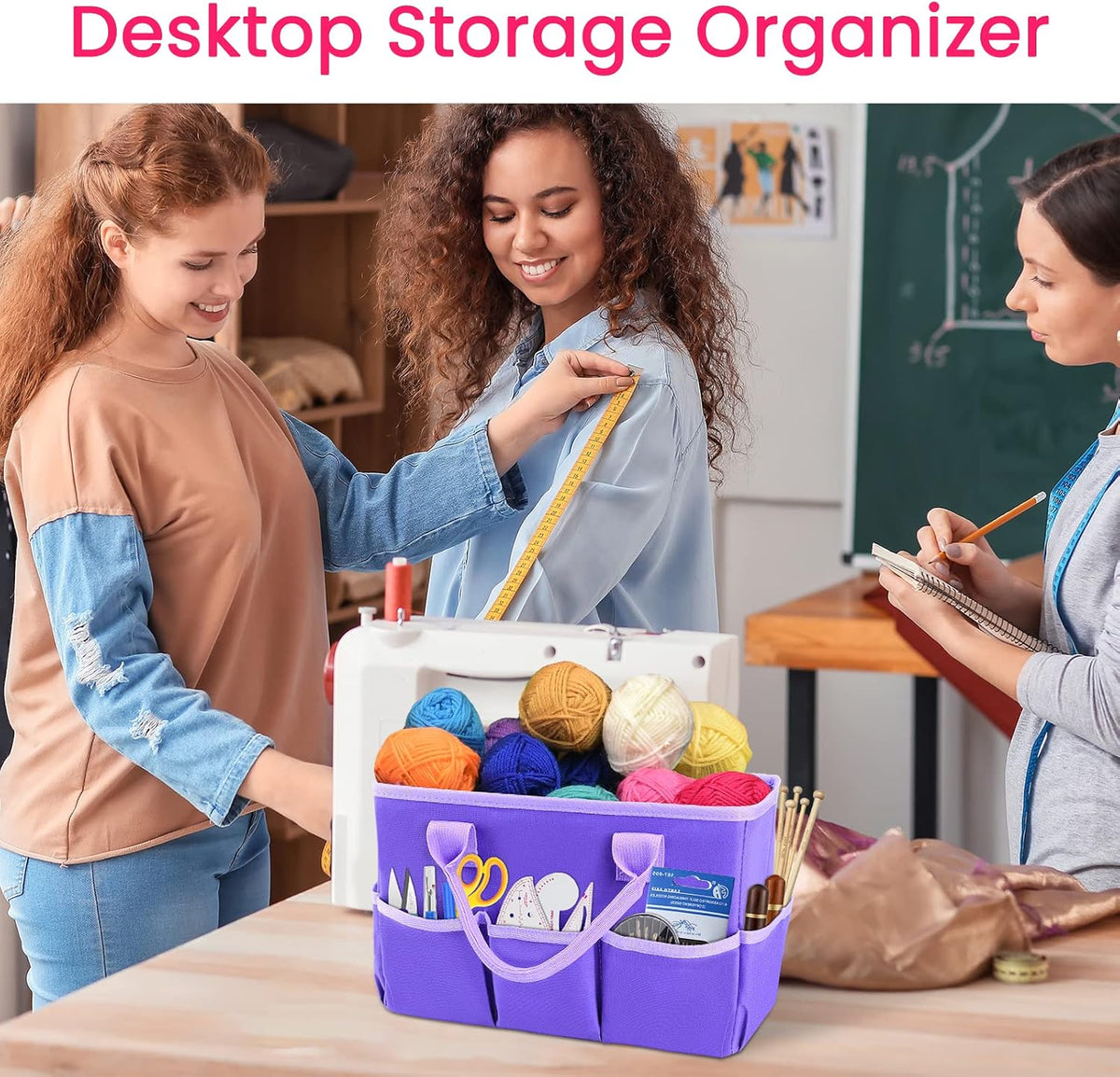 Desktop Tote and Organizer, Teacher Helper Caddy Bag for Arts, Books, Stationery, Office Desk Organization, Make-up Storage with Handles for Travel, Pink