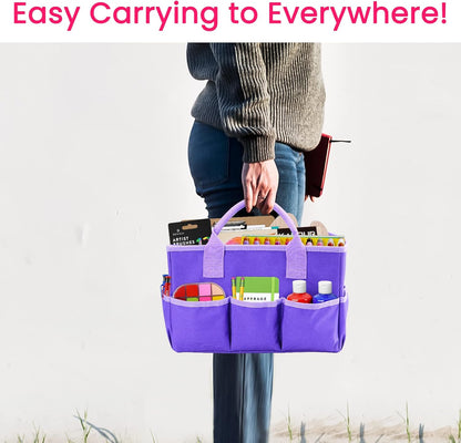 Desktop Tote and Organizer, Teacher Helper Caddy Bag for Arts, Books, Stationery, Office Desk Organization, Make-up Storage with Handles for Travel, Pink