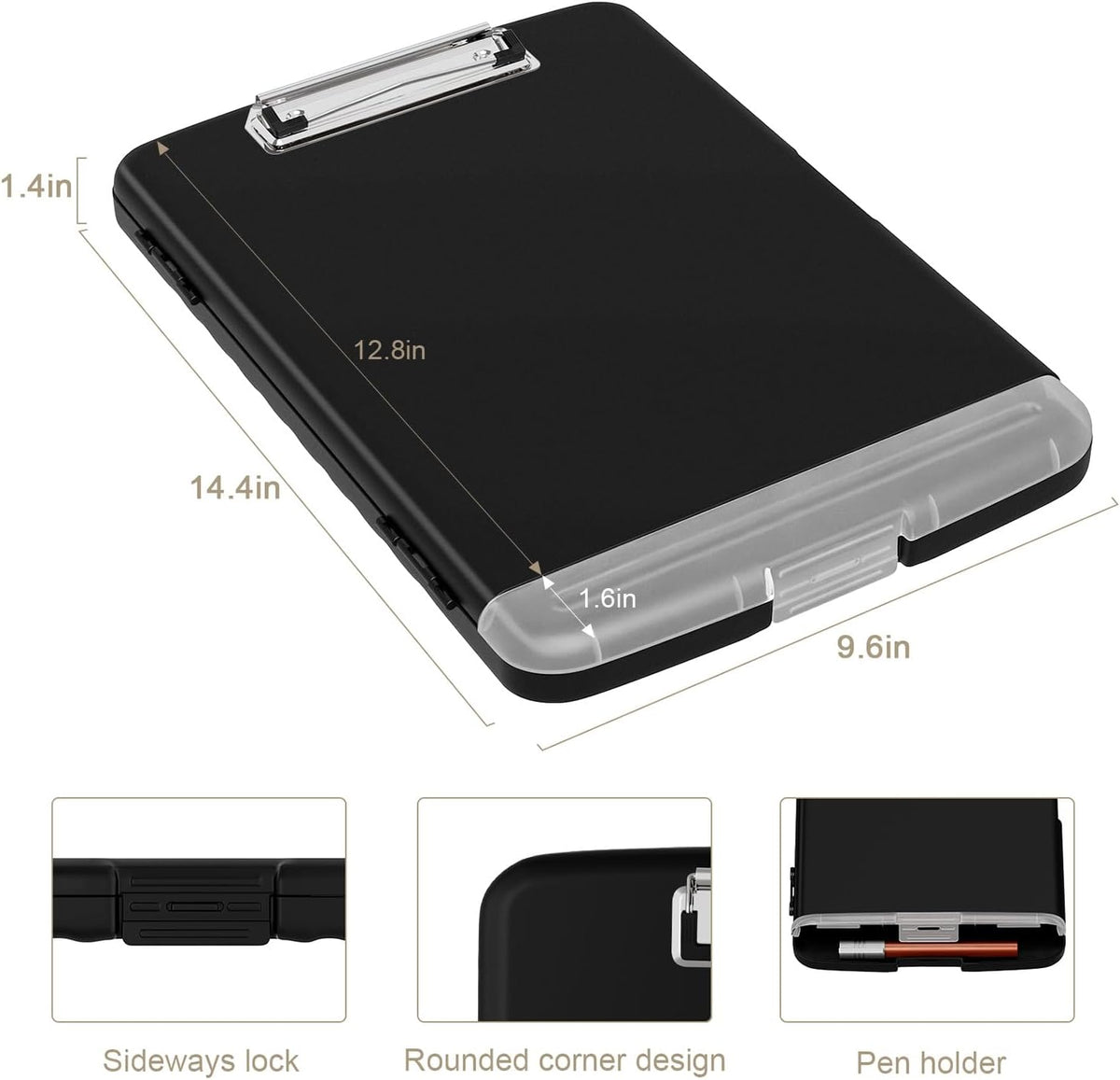 Clipboard with Storage, 8.5 x 11 Clip Board with Pen Holder, Black