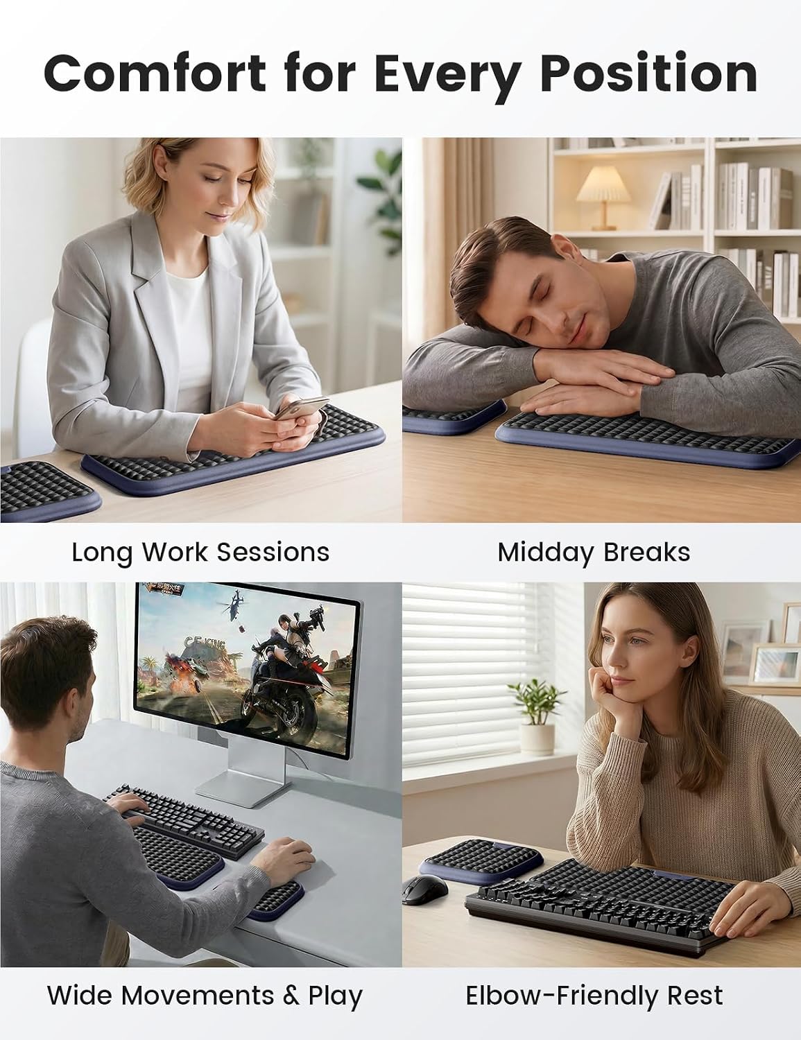 Wrist Rest for Keyboard and Mouse, Computer Ergonomic Wrist Support Pad, Soft Memory Foam Arm Cushion for Desk, Palm Hand Office Laptop Typing