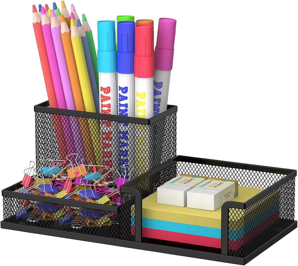 Pen Holder Desk Organizer, Office Supplies Pencil Holder with 3 Compartments, Desk Accessories and Workspace Organizers for Home School Classroom, Black