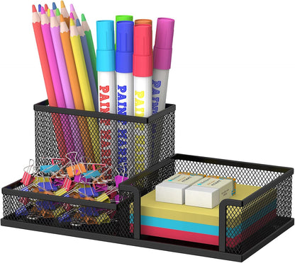 Pen Holder Desk Organizer, Office Supplies Pencil Holder with 3 Compartments, Desk Accessories and Workspace Organizers for Home School Classroom, Black
