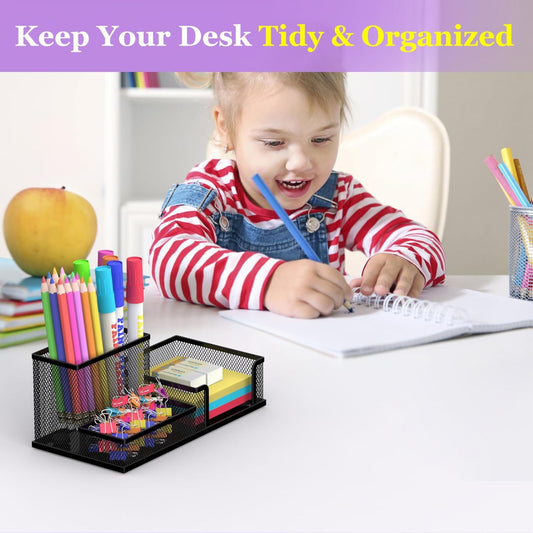 Pen Holder Desk Organizer, Office Supplies Pencil Holder with 3 Compartments, Desk Accessories and Workspace Organizers for Home School Classroom, Black