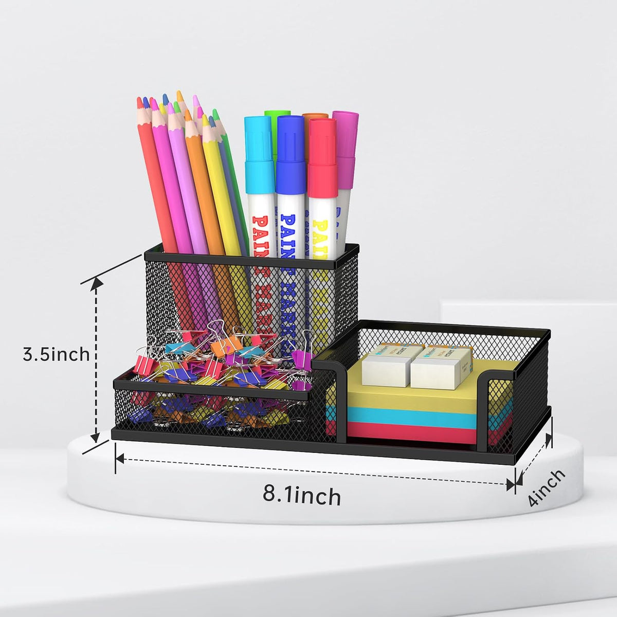 Pen Holder Desk Organizer, Office Supplies Pencil Holder with 3 Compartments, Desk Accessories and Workspace Organizers for Home School Classroom, Black