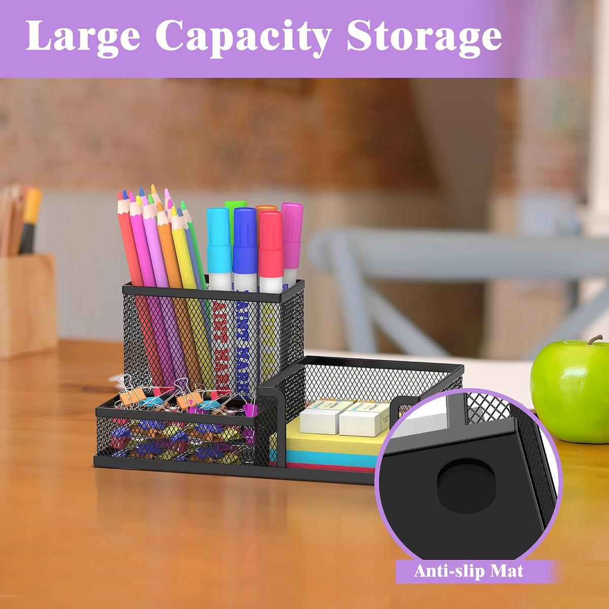 Pen Holder Desk Organizer, Office Supplies Pencil Holder with 3 Compartments, Desk Accessories and Workspace Organizers for Home School Classroom, Black