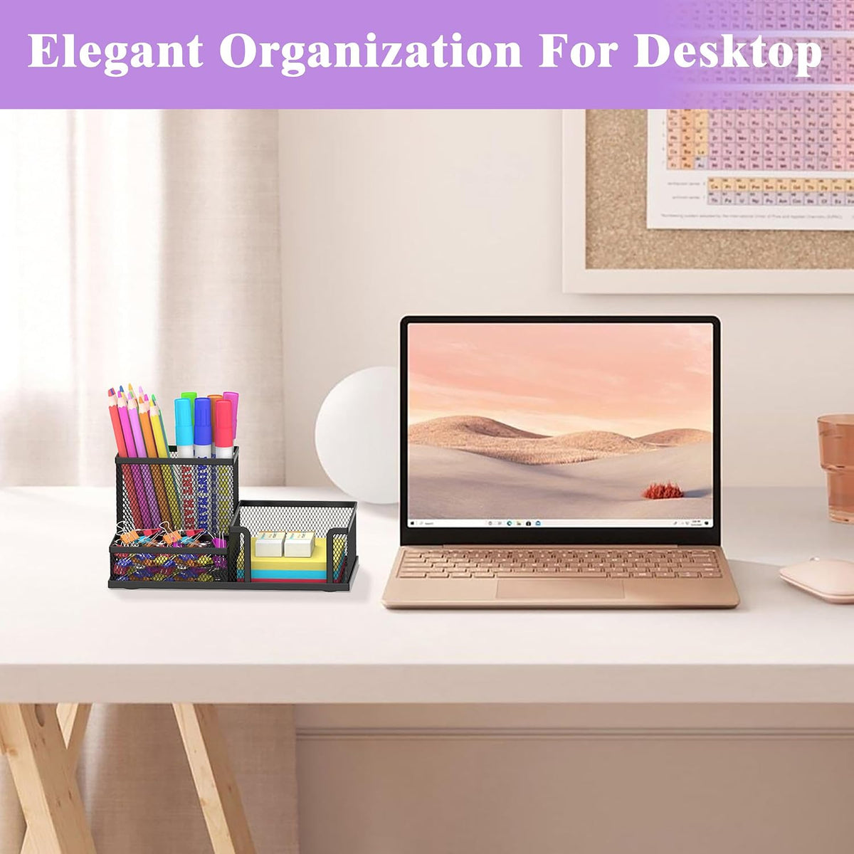 Pen Holder Desk Organizer, Office Supplies Pencil Holder with 3 Compartments, Desk Accessories and Workspace Organizers for Home School Classroom, Black