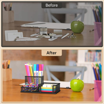 Pen Holder Desk Organizer, Office Supplies Pencil Holder with 3 Compartments, Desk Accessories and Workspace Organizers for Home School Classroom, Black