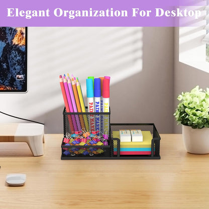 Pen Holder Desk Organizer, Office Supplies Pencil Holder with 3 Compartments, Desk Accessories and Workspace Organizers for Home School Classroom, Black