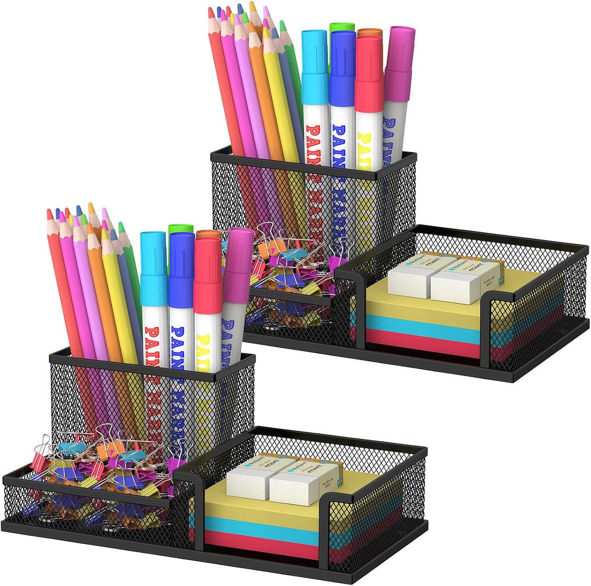 Pen Holder Desk Organizer, Office Supplies Pencil Holder with 3 Compartments, Desk Accessories and Workspace Organizers for Home School Classroom, Black