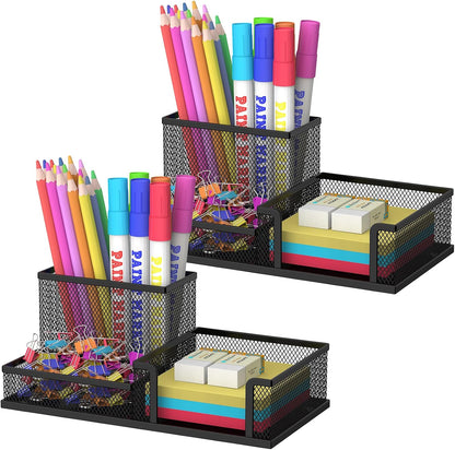 Pen Holder Desk Organizer, Office Supplies Pencil Holder with 3 Compartments, Desk Accessories and Workspace Organizers for Home School Classroom, Black