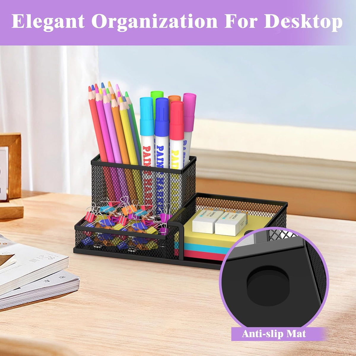 Pen Holder Desk Organizer, Office Supplies Pencil Holder with 3 Compartments, Desk Accessories and Workspace Organizers for Home School Classroom, Black