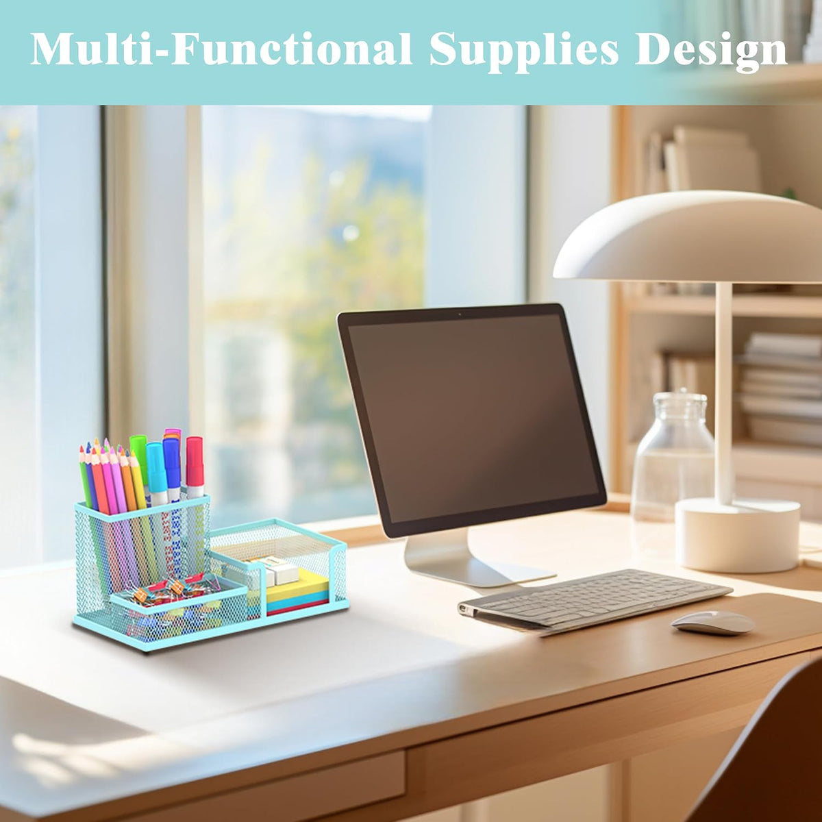 Pen Holder Desk Organizer, Office Supplies Pencil Holder with 3 Compartments, Desk Accessories and Workspace Organizers for Home School Classroom, Black