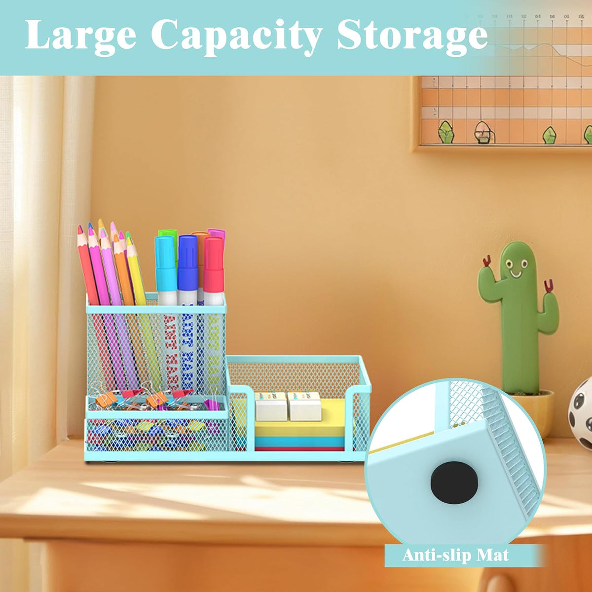 Pen Holder Desk Organizer, Office Supplies Pencil Holder with 3 Compartments, Desk Accessories and Workspace Organizers for Home School Classroom, Black