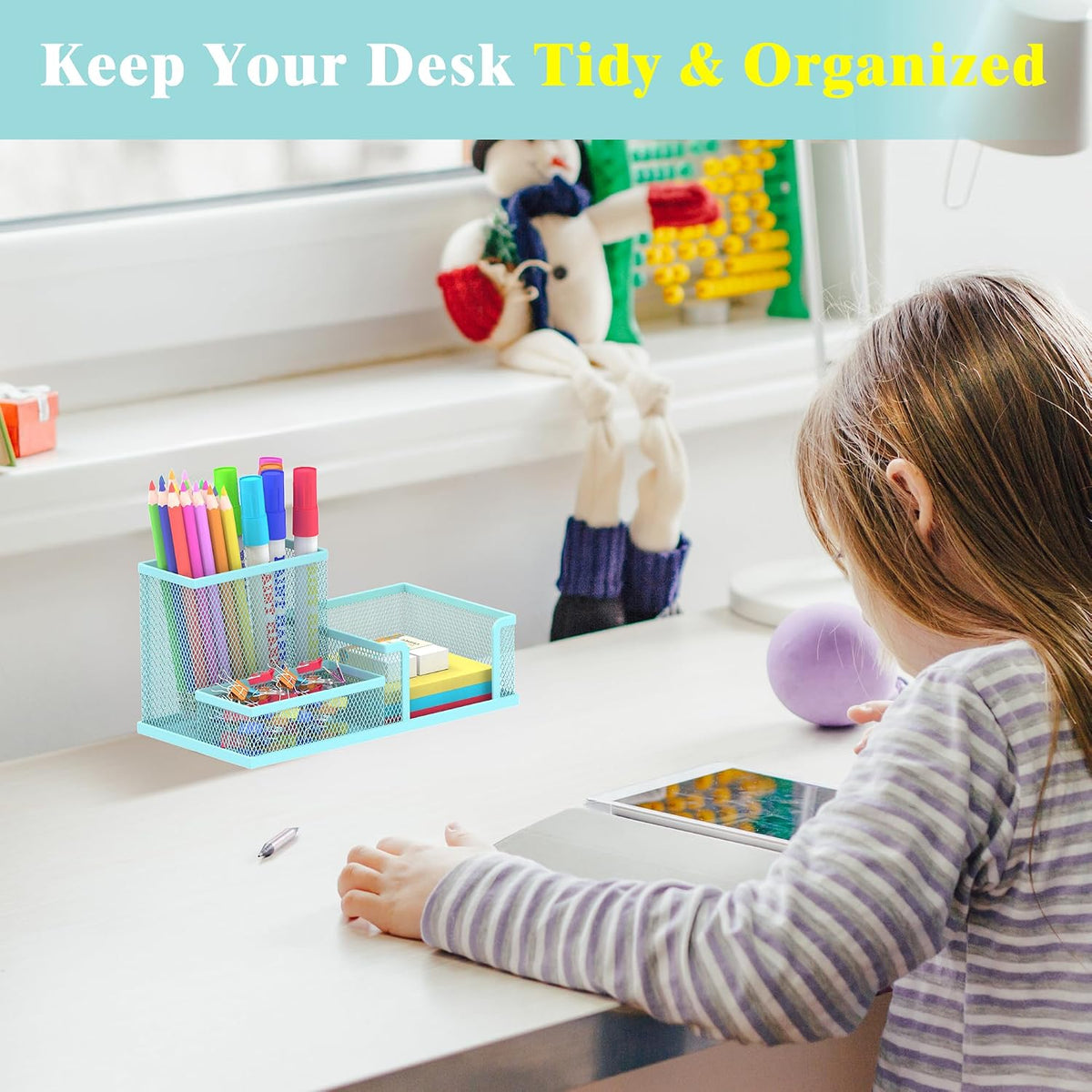 Pen Holder Desk Organizer, Office Supplies Pencil Holder with 3 Compartments, Desk Accessories and Workspace Organizers for Home School Classroom, Black
