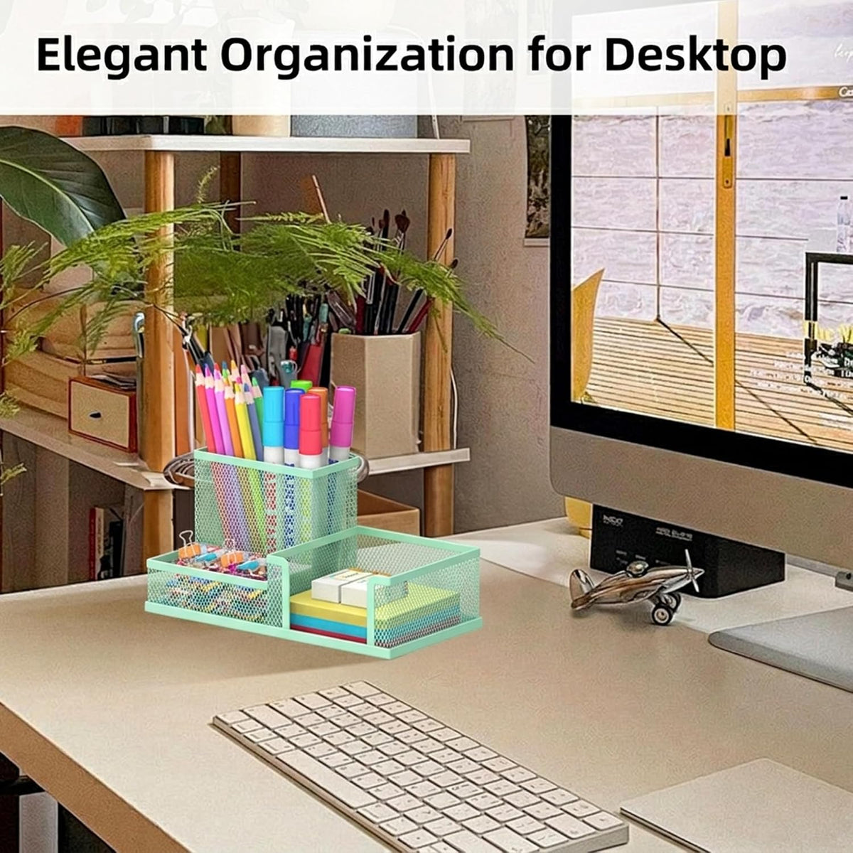 Pen Holder Desk Organizer, Office Supplies Pencil Holder with 3 Compartments, Desk Accessories and Workspace Organizers for Home School Classroom, Black