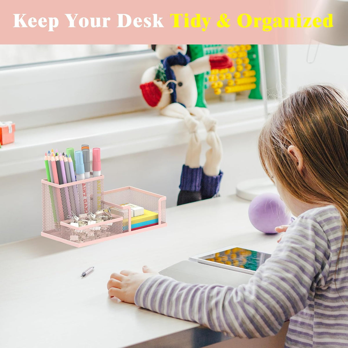Pen Holder Desk Organizer, Office Supplies Pencil Holder with 3 Compartments, Desk Accessories and Workspace Organizers for Home School Classroom, Black