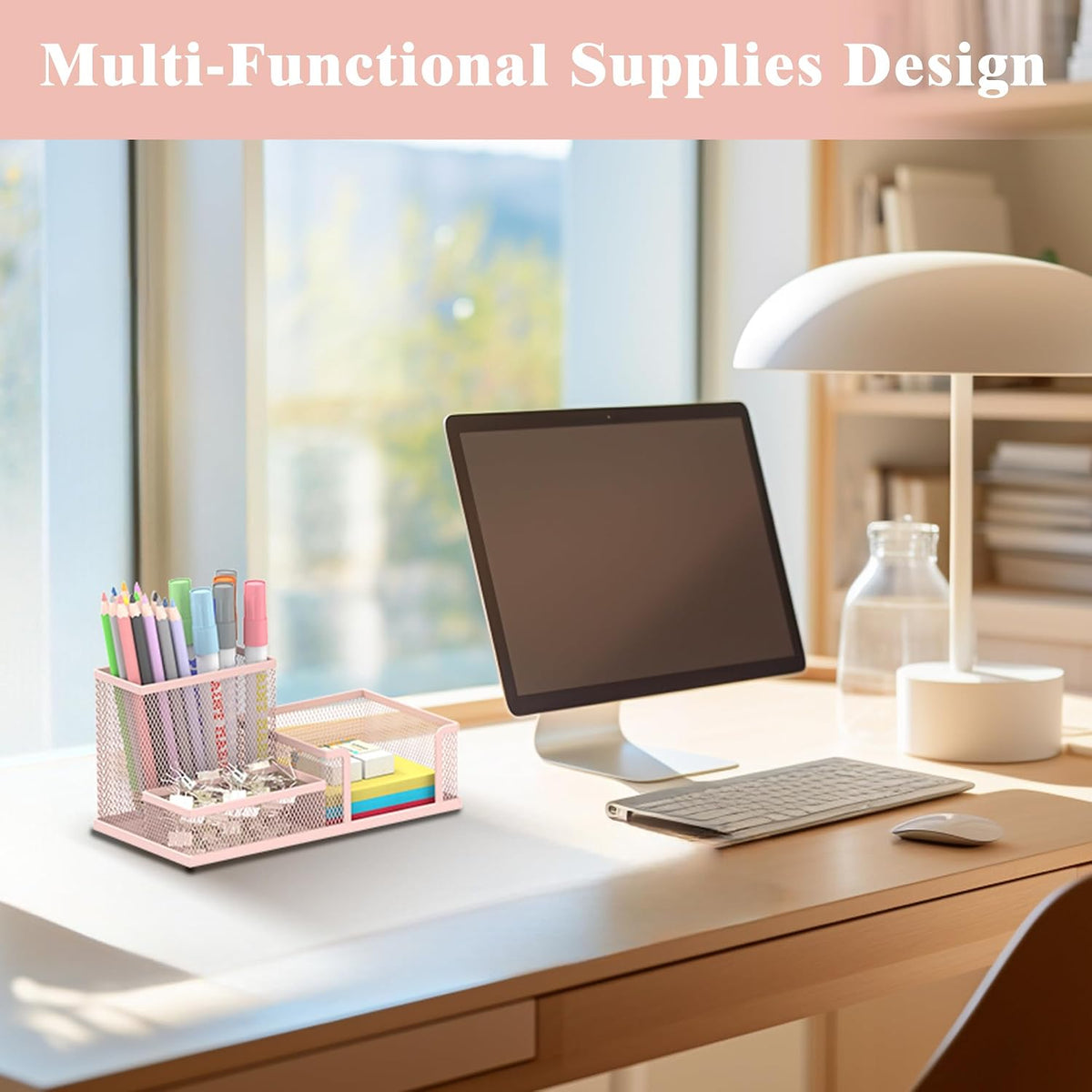 Pen Holder Desk Organizer, Office Supplies Pencil Holder with 3 Compartments, Desk Accessories and Workspace Organizers for Home School Classroom, Black