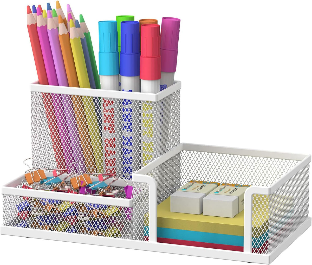 Pen Holder Desk Organizer, Office Supplies Pencil Holder with 3 Compartments, Desk Accessories and Workspace Organizers for Home School Classroom, Black