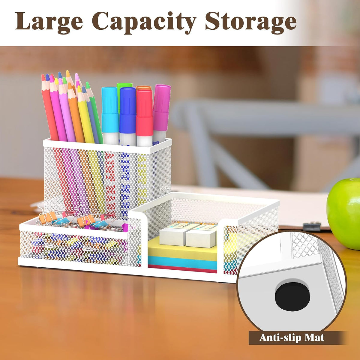 Pen Holder Desk Organizer, Office Supplies Pencil Holder with 3 Compartments, Desk Accessories and Workspace Organizers for Home School Classroom, Black