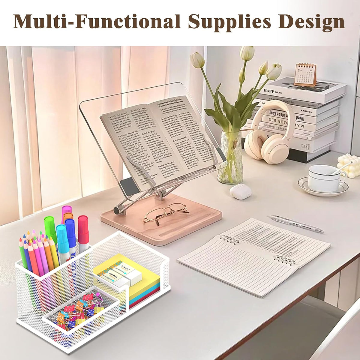 Pen Holder Desk Organizer, Office Supplies Pencil Holder with 3 Compartments, Desk Accessories and Workspace Organizers for Home School Classroom, Black