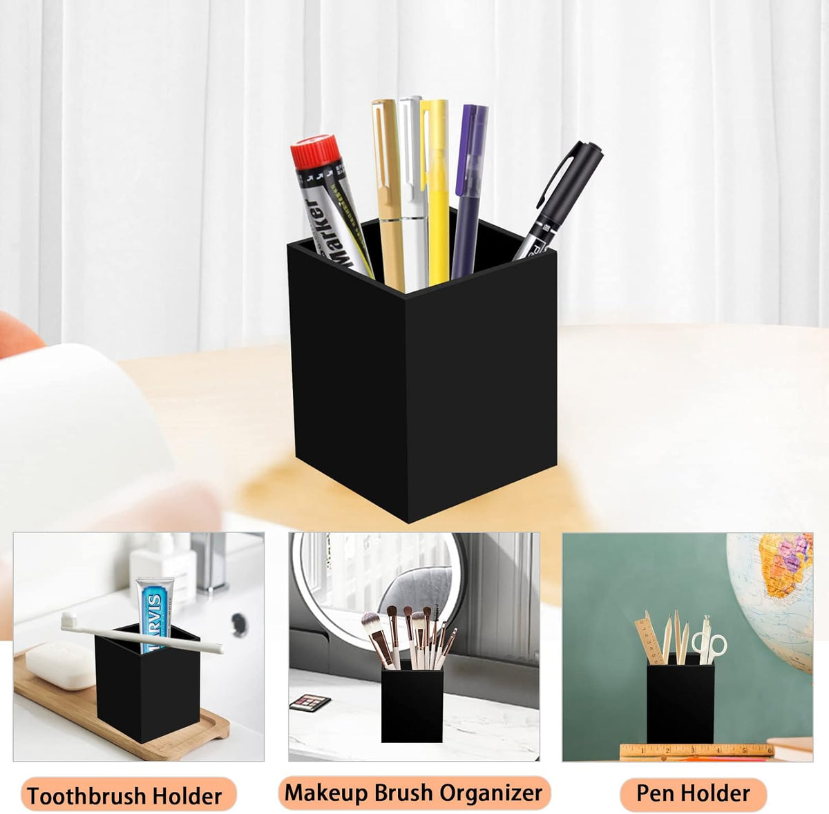 Acrylic Pen Holder Organizer, Black Pencil Holder for Desk, 2 Pack