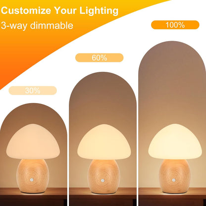 Mushroom Lamp, Touch Control Switch, 3 Way Dimmable, Natural Wood Finish