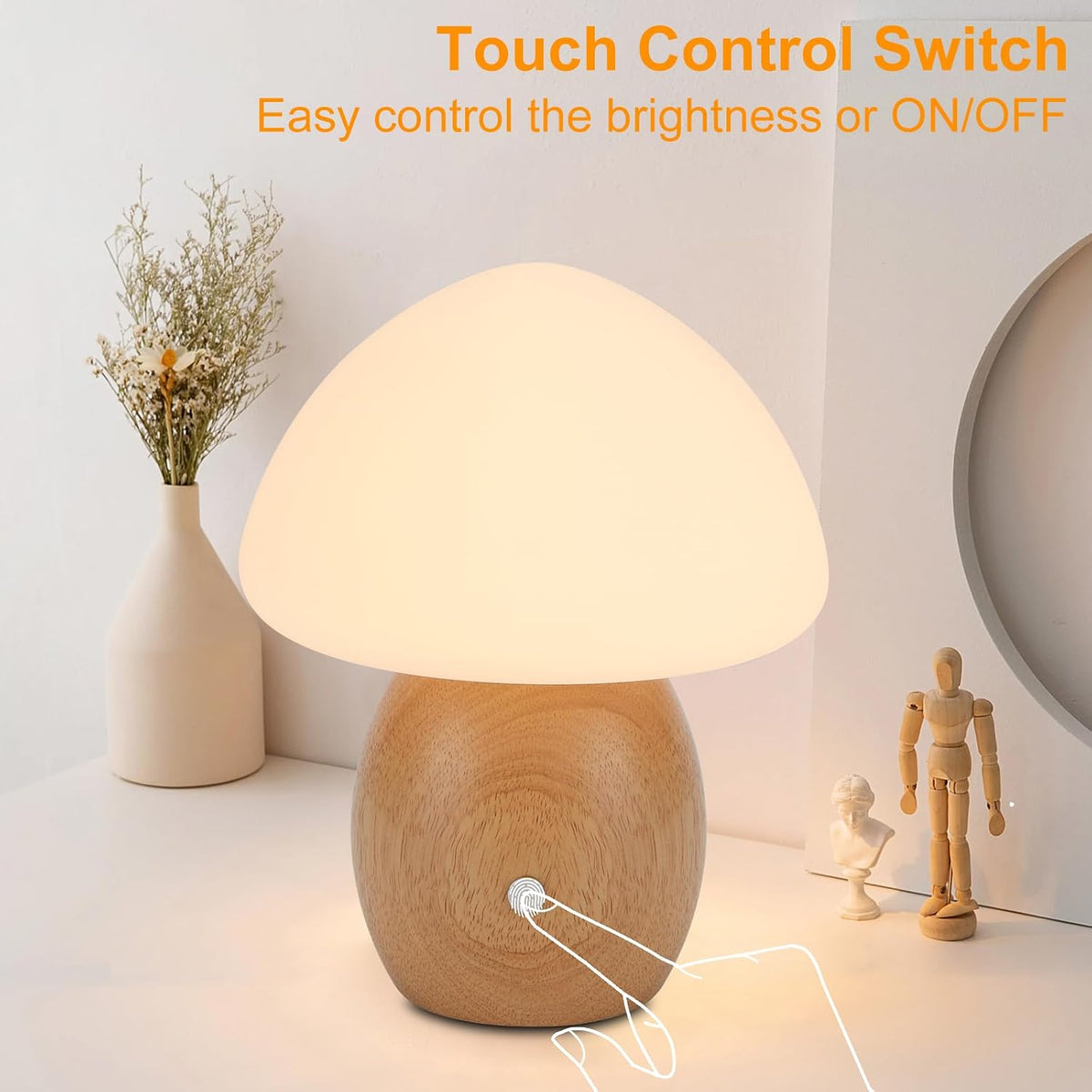 Mushroom Lamp, Touch Control Switch, 3 Way Dimmable, Natural Wood Finish