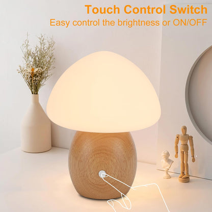 Mushroom Lamp, Touch Control Switch, 3 Way Dimmable, Natural Wood Finish