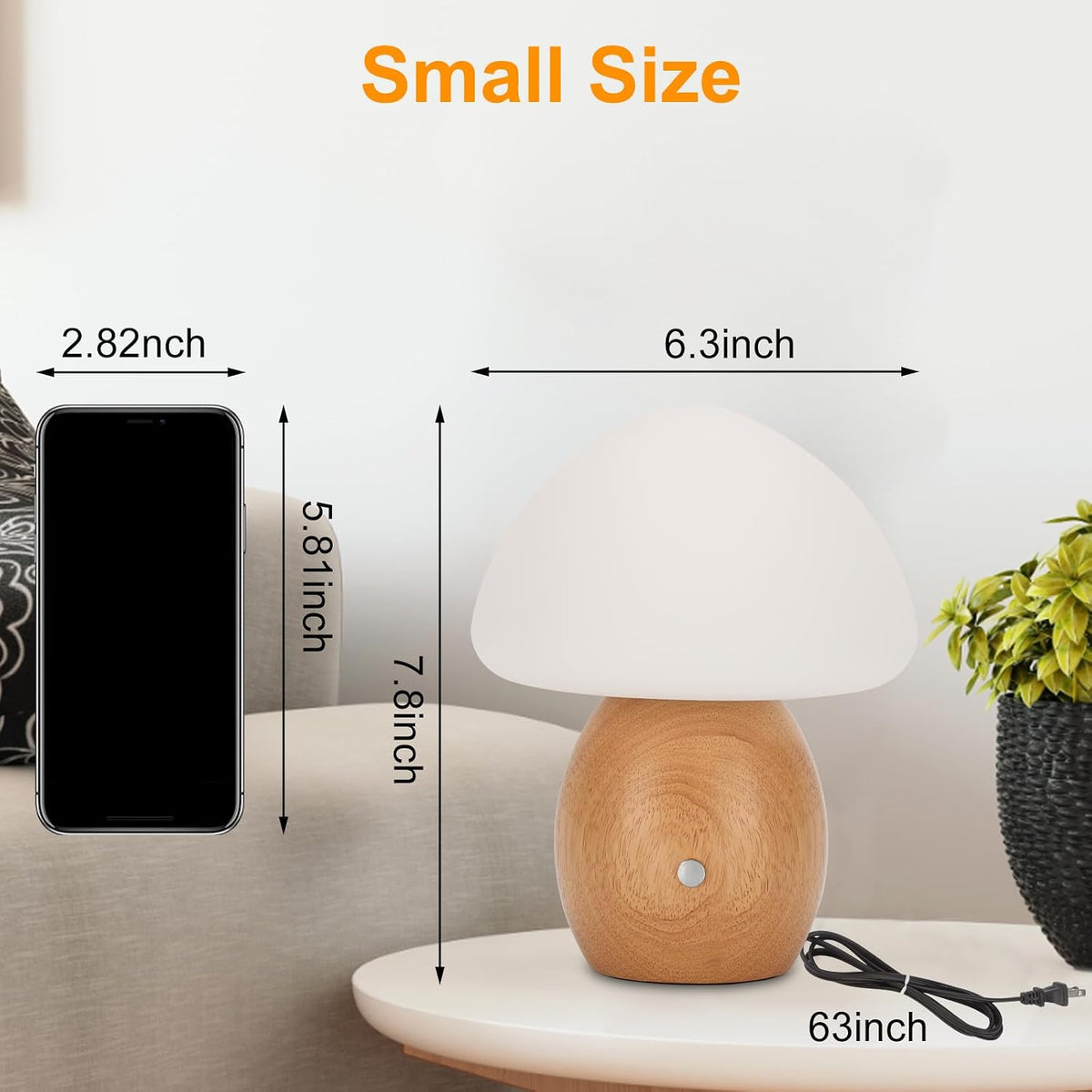 Mushroom Lamp, Touch Control Switch, 3 Way Dimmable, Natural Wood Finish