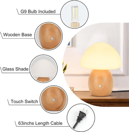 Mushroom Lamp, Touch Control Switch, 3 Way Dimmable, Natural Wood Finish