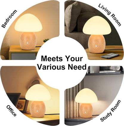 Mushroom Lamp, Touch Control Switch, 3 Way Dimmable, Natural Wood Finish