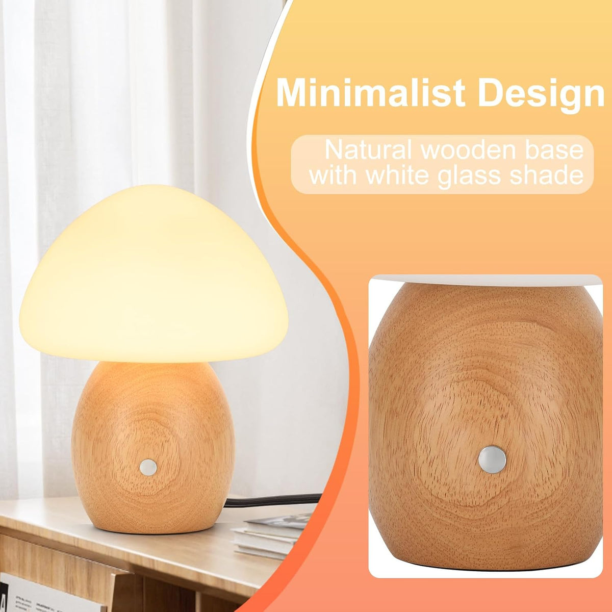 Mushroom Lamp, Touch Control Switch, 3 Way Dimmable, Natural Wood Finish
